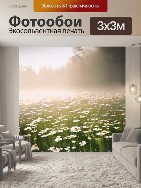 Фотообои в таинственном утреннем тумане цветочные поляны, покрытые маргаритками, создают атмосферу волшебства
