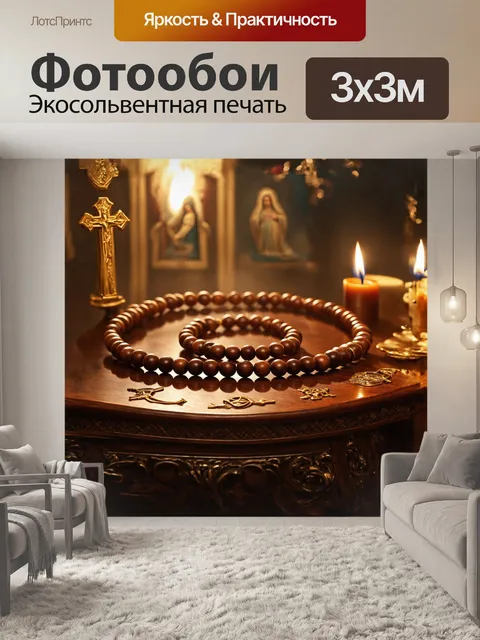 Фотообои четки из темного дерева с золотистыми бусинами, аккуратно сложенные в круг на старинном столе с резьбой