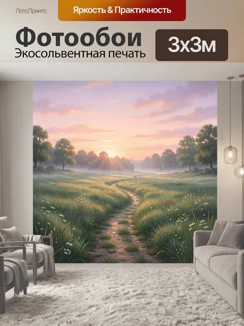 Фотообои Тропинка в цветущем лугу на закате