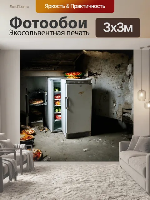 Фотообои холодильник с заколоченной дверцей, покрытый потертостями и вмятинами, стоит на старом бетонном полу