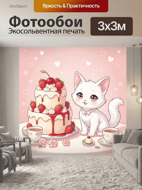 Фотообои Белый котик и клубничный торт