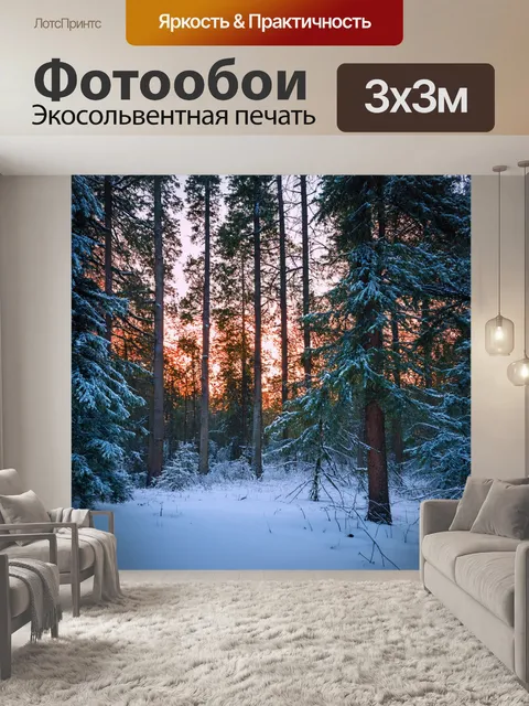Фотообои зимний лес с сумеречным светом и укрытыми снегом деревьями