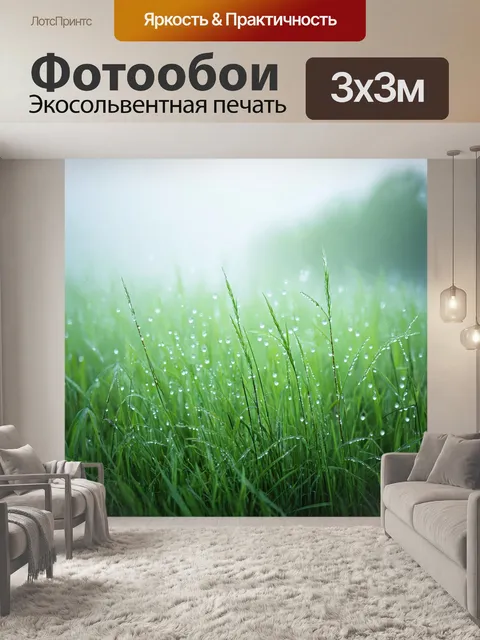 Фотообои туман в стиле пастельный рисунок, покрытые росой травы в тумане