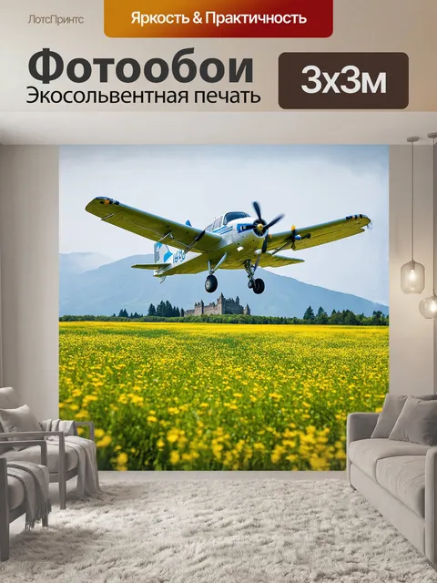 Фотообои чудесный момент, когда маленький самолет взлетает над бескрайним зеленым полем, усеянным яркими цветами
