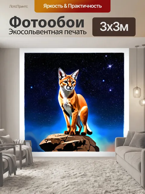 Фотообои покажите каракала, стоящего на скале на фоне сверкающих звезд в ночном небе