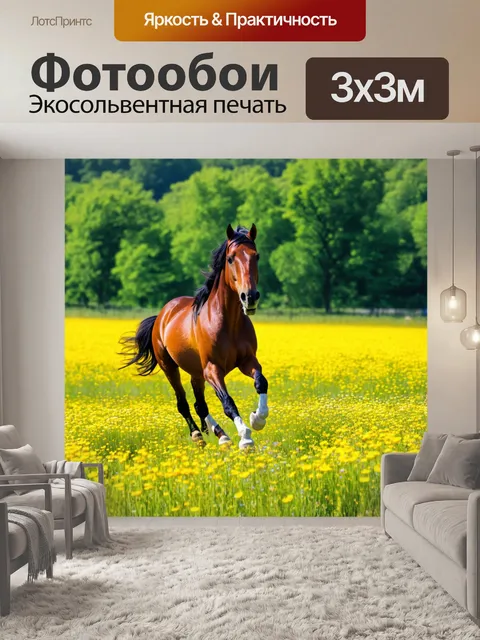 Фотообои лошадь, галопом преодолевая яркий цветочный луг