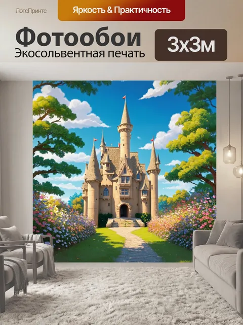 Фотообои очаровательный бежевый замок, утопающий в цветущих садах