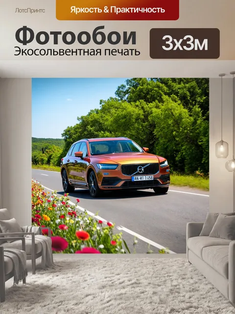 Фотообои машина в художественном стиле, с автомобилем, идущим по ровной дороге среди цветов