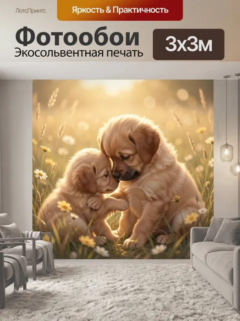 Фотообои Щенки в цветочном поле