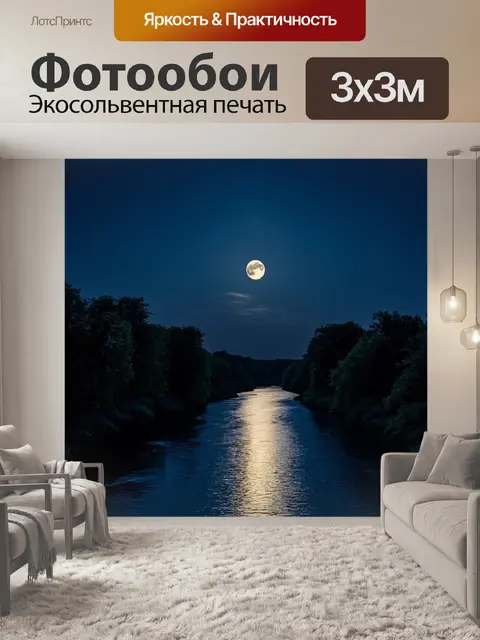 Фотообои ночной пейзаж с луной, отражающейся в реке