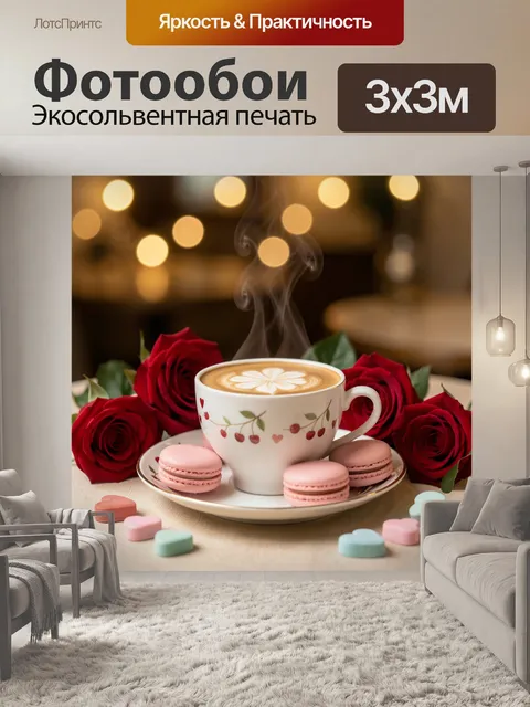 Фотообои Розы и чашка кофе с десертом