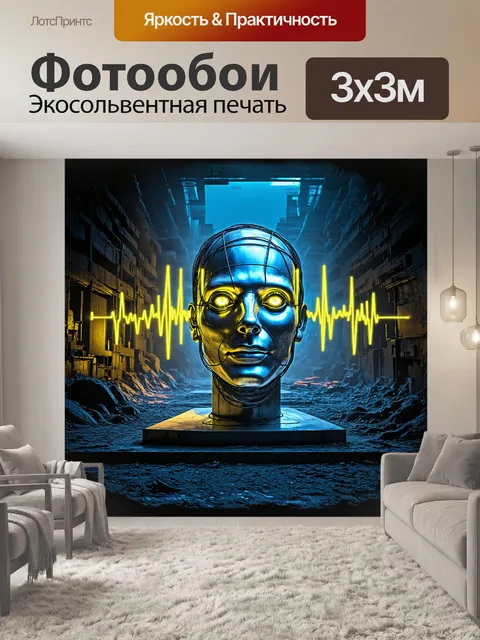 Фотообои огромная голова, сделанная из стальных и светящихся проводов, расположенная в безмолвном заброшенном…