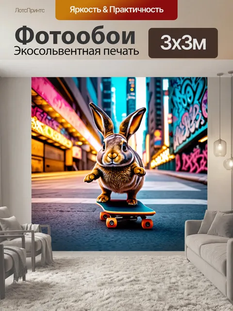 Фотообои смешной заяц, катающийся на скейтборде по городским улицам, полным огней и граффити
