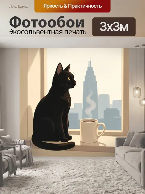 Фотообои Черный кот у окна с кофе