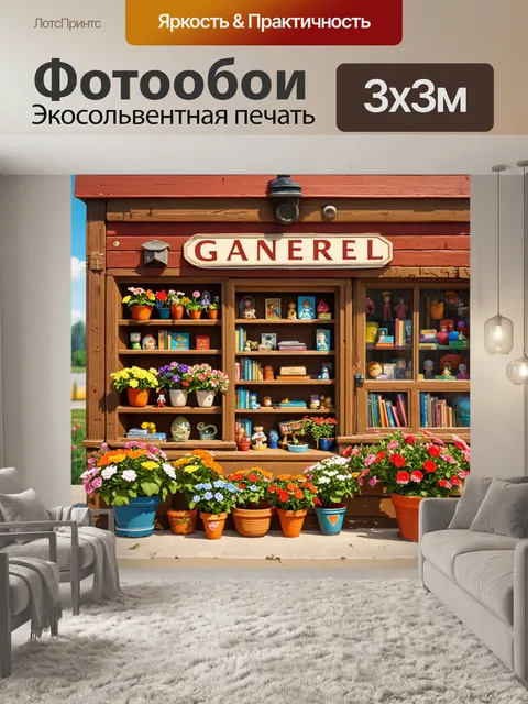 Фотообои винтаж, старинный универсальный магазин, на витрине которого стоят горшки с яркими цветами, а внутри