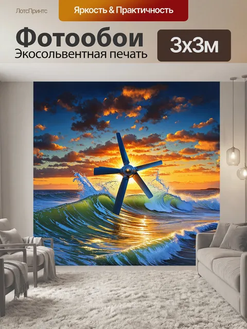 Фотообои турбина на фоне бурного моря, где волны ударяются о берег, поднимая мощные брызги