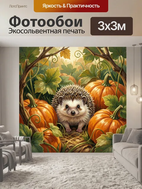 Фотообои Ёжик среди осенних тыкв