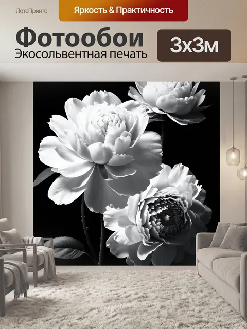 Фотообои пионы в черно-белом стиле