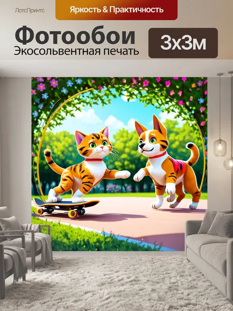 Фотообои промт: "кот и собака занимаются спортом в парке, катаясь на скейтборде и прыгая через обруч