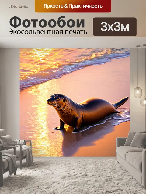 Фотообои изображение тюленя, играющего на берегу моря на закате, где солнце отражается в воде, создавая золотистые и…