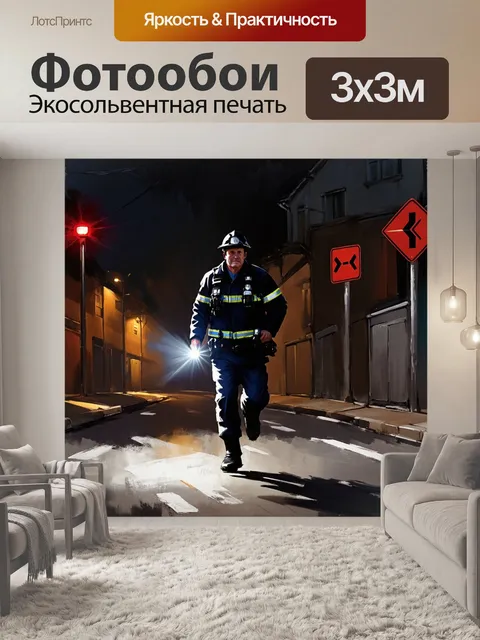 Фотообои фельдшер, спешащий на помощь в плохо освещенную улицу, с фонарём в руках, среди ночных теней
