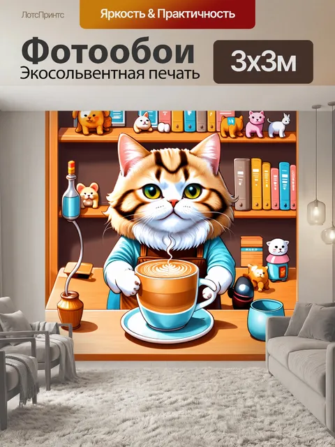 Фотообои смешной кот-бариста, который заваривает кофе в уютной кофейне, с пышной бородой и фартуком, создаёт…