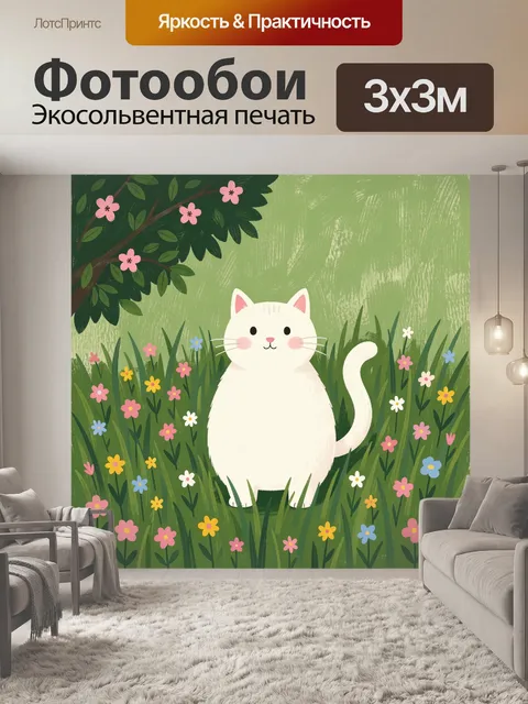 Фотообои Белый кот среди цветов