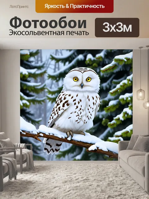 Фотообои Белая сова, сидящая на заснеженной ветке, зима, фон из размытых деревьев, нежные цвета, выразительные…