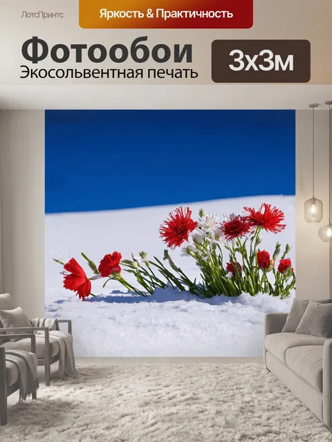 Фотообои мэрцишор из ярких красных и белых нитей расправлен на чистом снежном фоне, который символизирует приход весны