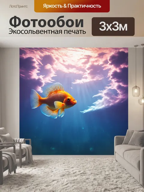 Фотообои сцена движения рыбы в облаках, заменяющих воду, создавая сюрреалистическую атмосферу