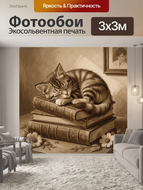 Фотообои Котик спит на старых книгах