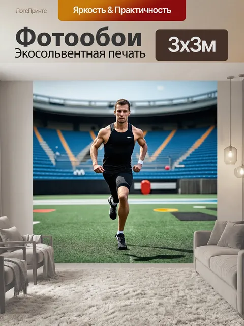 Фотообои спортсмен тренируется на стадионе, используя различное спортивное оборудование и снаряжения