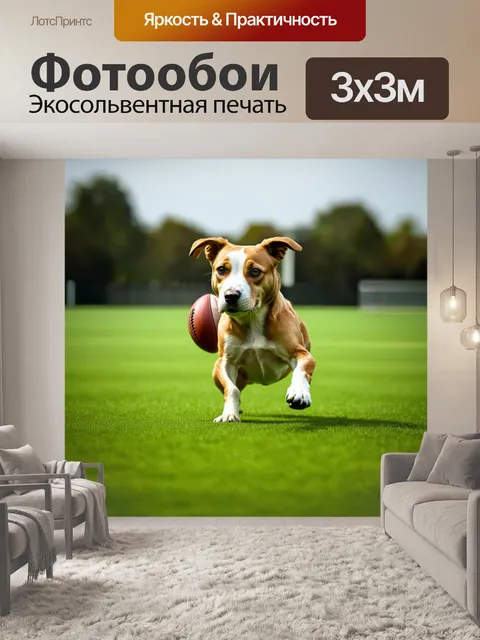 Фотообои винтажный стиль изображения собаки, играющей в регби на зелёном поле
