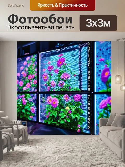 Фотообои цветы в стиле киберпанк, изображающие цветы, растущие из цифровых экранов и панелей
