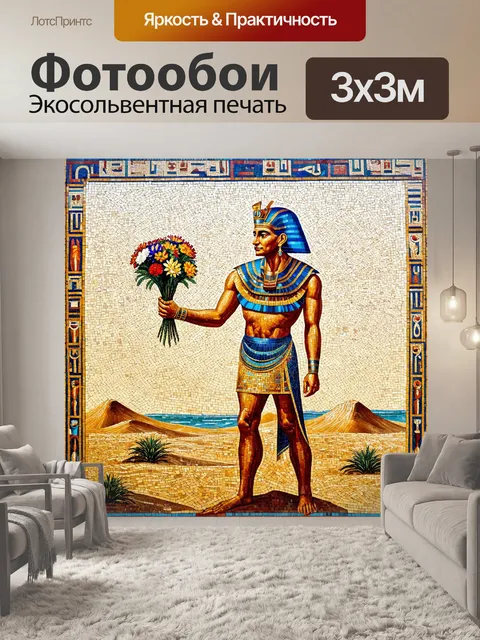 Фотообои египет в стиле мозаика, изображающие картину оазиса среди пустыни с фараоном, держащим цветы в руке