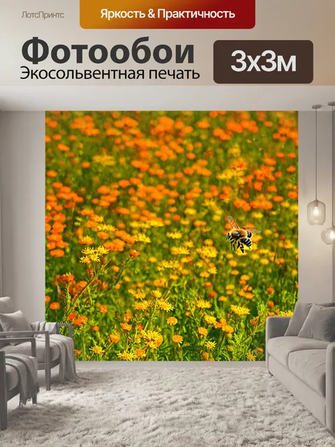 Фотообои оранжевый цвет: весенний цветочный луг, усыпанный оранжевыми и золотистыми цветами, сверкающими на солнце