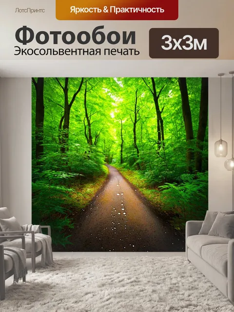 Фотообои природа в стиле капельное искусство, изображающие лесные тропинки с каплями на листьях вокруг