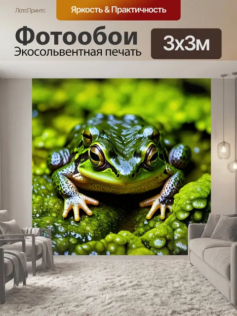 Фотообои лягушка, замаскированная под зеленые водоросли, закрывает глаза и затаилась, готовясь к охоте