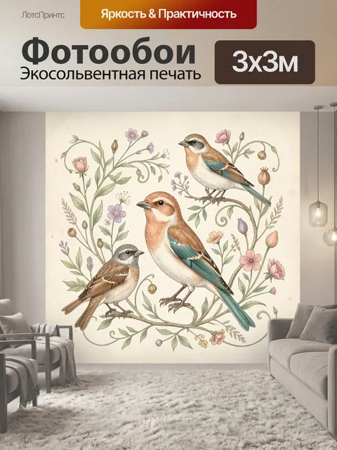 Фотообои Птицы среди нежных цветов
