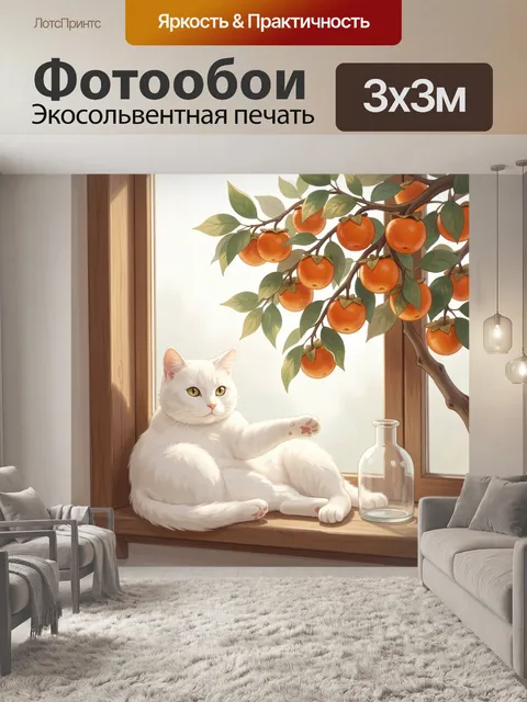 Фотообои Белый кот у окна с хурмой