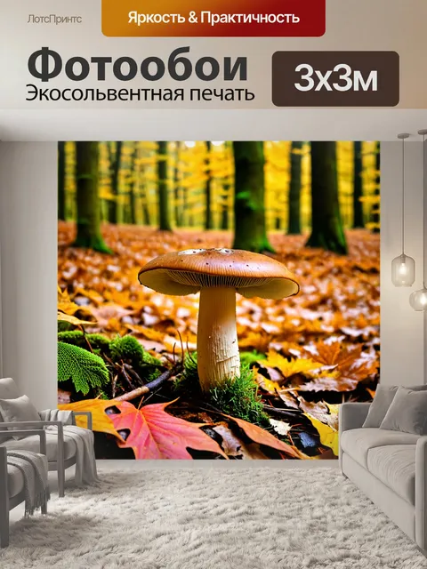 Фотообои грибы съедобные, растущие в осеннем лесу, среди контрастных красных и желтых листьев