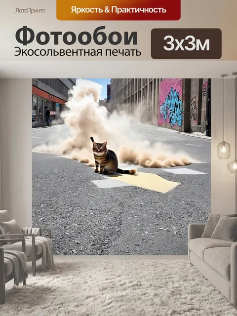 Фотообои в центре города, асфальтоукладчик прикрыт облаком пыли, а кот, выжидая, прослеживает за его движениями