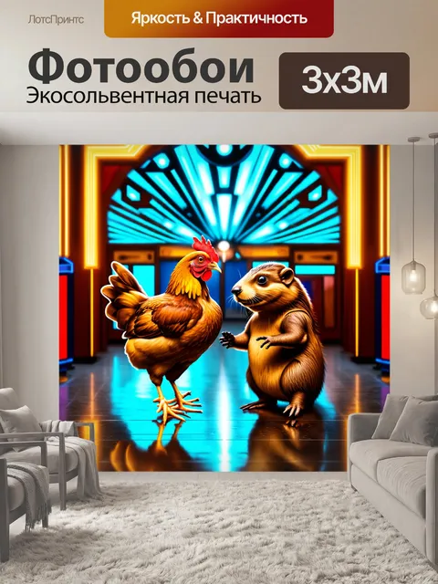 Фотообои изобразите курицу, учящую бобра танцевать, в ярком танцевальном зале с отражающим полом и яркими огнями