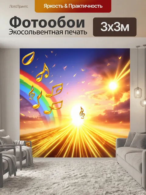 Фотообои золотые ноты, создающие радугу, с яркими эффектами на фоне заката