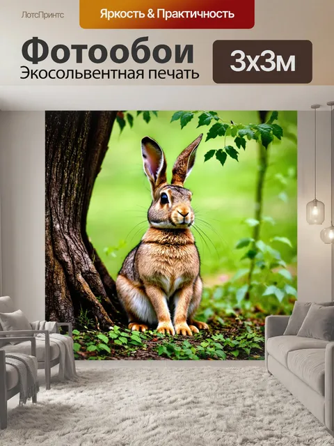 Фотообои заяц, сидящий у подножия старого дерева, окруженного листвой, с глубоким взглядом, полным мудрости и…