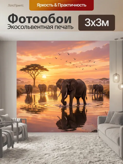 Фотообои Слоны на водопое в саванне