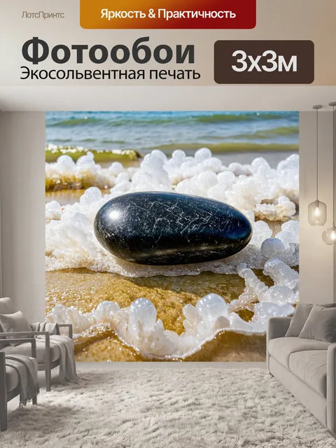 Фотообои гладкий черный камень приложенный к берегу, покрытый белыми морскими водорослями