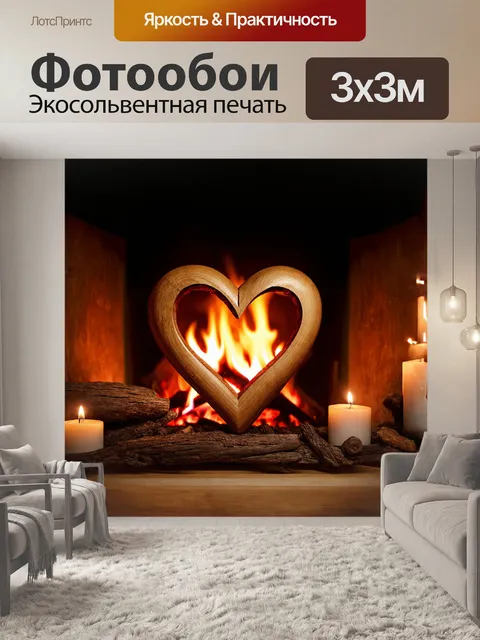 Фотообои сердце, вырезанное из дерева, искусно украшенное резьбой, находится на фоне уютного и теплого камина, где…