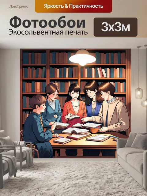 Фотообои группа авторов, работающих над книгами в корейском книжном кафе, окруженная полками с книгами и мягким светом