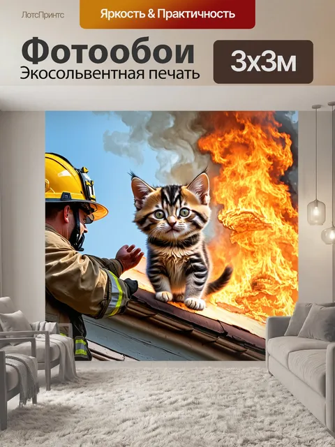 Фотообои спасение котенка с крыши горящего здания, его глаза полны страха